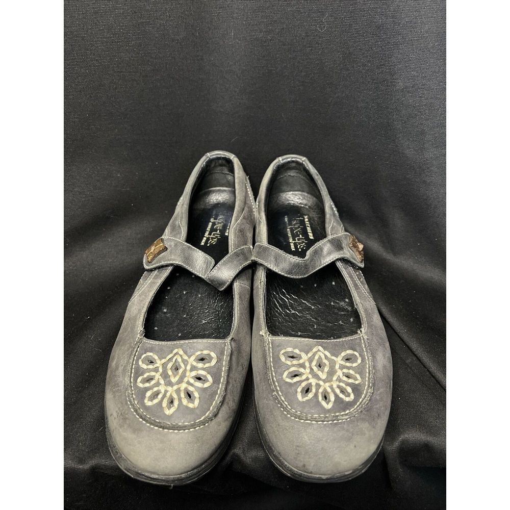 Skechers Shape Ups Sz 10 Gray-Black Suede Leather Embroidered Mary Jane Shoe 99Q